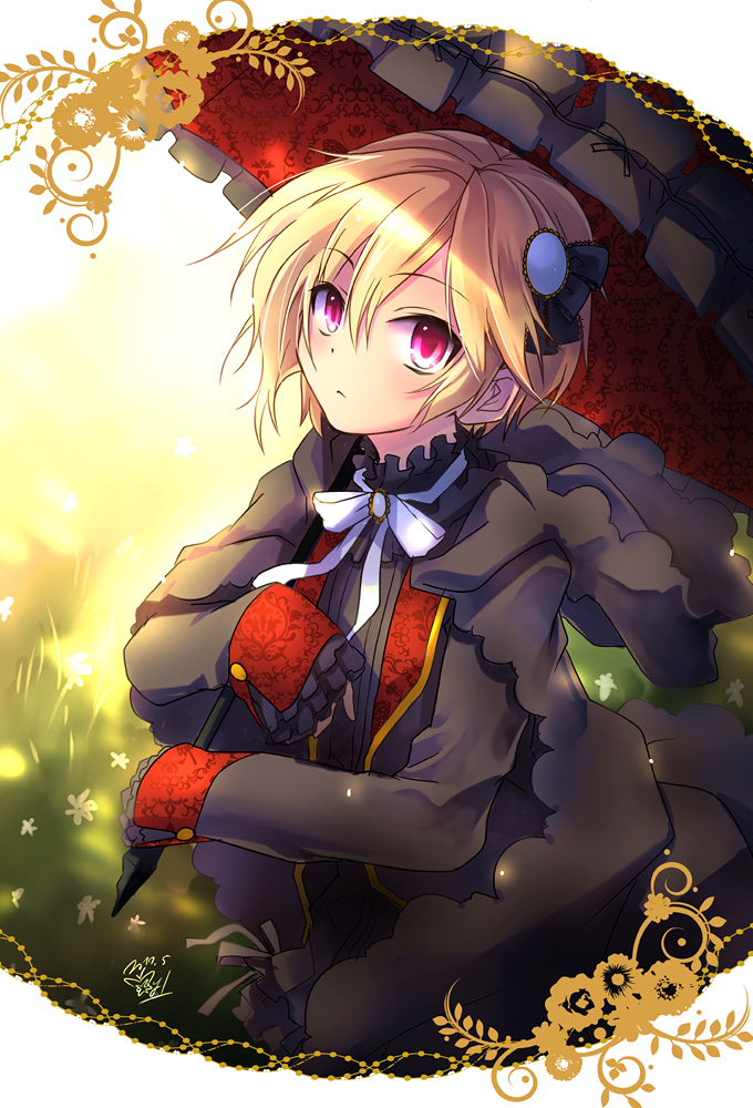 1boy, androgynous, black_gloves, black_jacket, black_shirt, blonde_hair, blush, bow