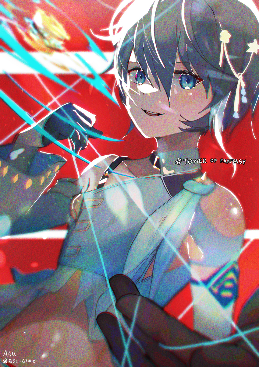 1boy, absurdres, asu_azure, blue_eyes, blue_hair, commentary_request, earrings, gloves