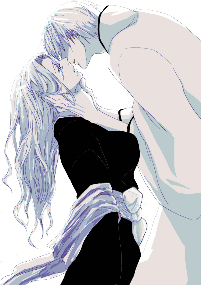 1girl, bad_id, bleach, breasts, couple, haori, highres, ichimaru_gin, incipient_kiss, ita_(id-000-id), japanese_clothes, lips, long_hair, love, matsumoto_rangiku, monochrome, taichou_haori, tears
