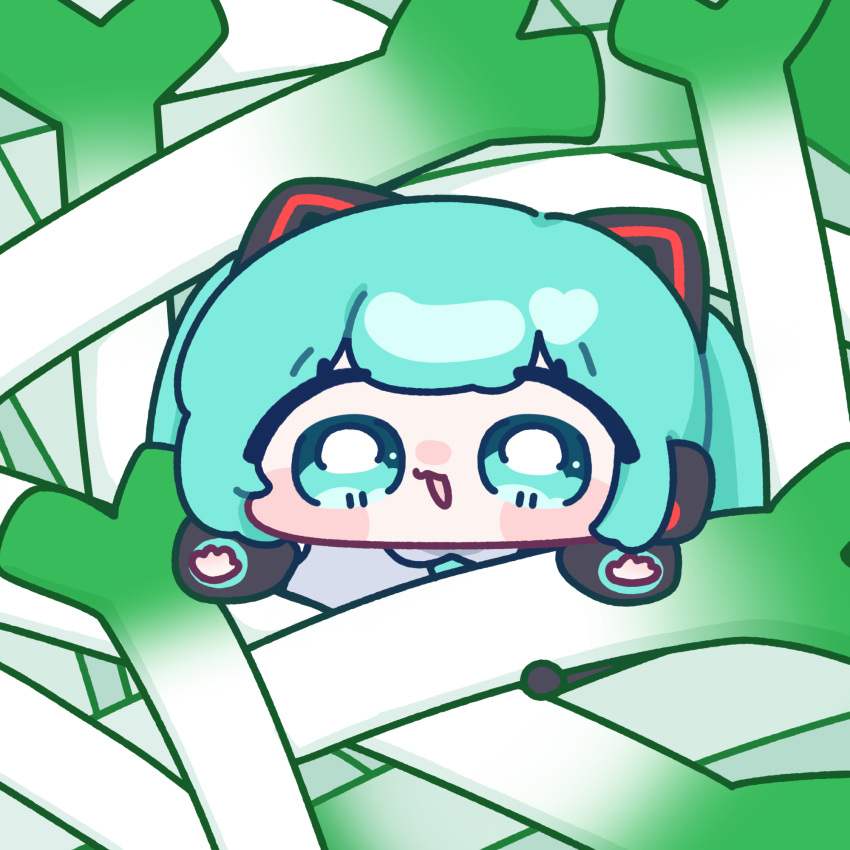1girl, :3, :d, aqua_hair, blue_eyes, blue_necktie, blush_stickers, chibi, chibi_only, collared_shirt, commentary_request, grey_shirt, hatsune_miku, highres, long_hair, necktie, open_mouth, shirt, smile, solo, spring_onion, twintails, vocaloid, yananang