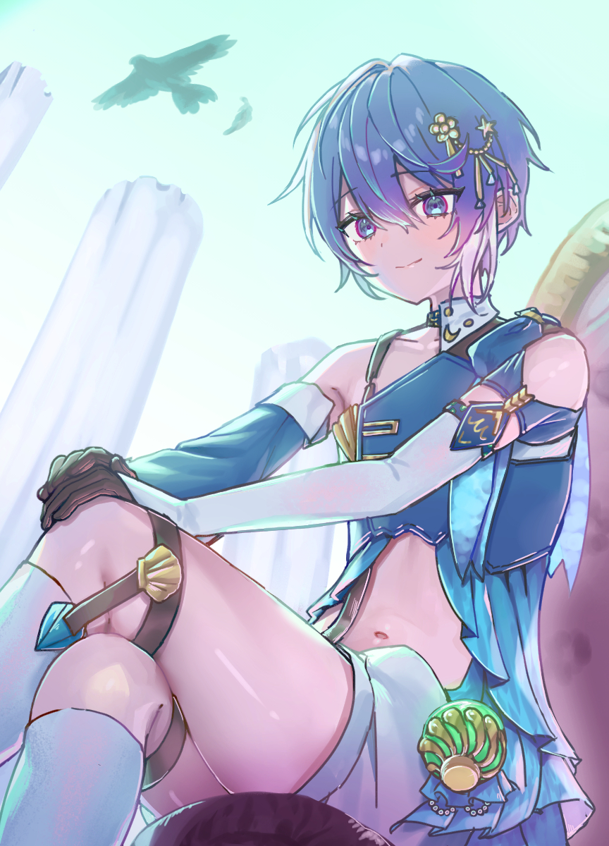 1boy, blue_eyes, blue_hair, closed_mouth, commentary_request, earrings, gloves, highres, icarus_(tower_of_fantasy), jewelry, looking_at_viewer, male_focus, ribbon, short_hair, shorts, sitting, smile, solo, thigh_strap, tower_of_fantasy, user_dnmy2238, violet_eyes