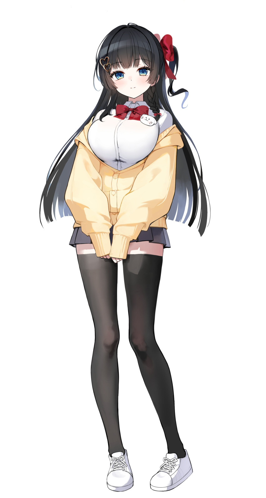 1girl, absurdres, black_hair, black_skirt, black_thighhighs, blue_eyes, bow, bowtie, braid, breasts, character_pin, closed_mouth, collared_shirt, commentary_request, dorok, full_body, haedungi_(shirayuki_hina), hair_bow, hair_ornament, heart, heart_hair_ornament, highres, jacket, jacket_partially_removed, korean_commentary, large_breasts, long_hair, long_sleeves, multiple_hair_bows, one_side_up, partially_open_jacket, pleated_skirt, red_bow, red_bowtie, shirayuki_hina, shirt, shoes, simple_background, skirt, skirt_peek, sleeves_past_wrists, sneakers, solo, stellive, thigh-highs, virtual_youtuber, white_background, white_shirt, white_shoes, yellow_jacket, zettai_ryouiki