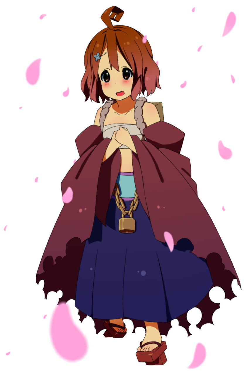 bad_id, brown_eyes, brown_hair, cherry_blossoms, cosplay, geta, highres, hirasawa_yui