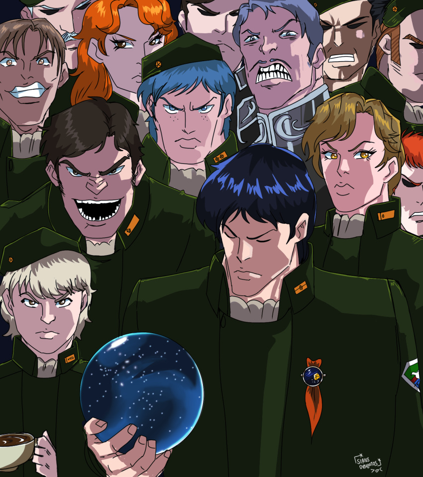 alex_cazellnu, bernhard_von_schneider, blonde_hair, blue_eyes, blue_hair, brown_eyes, brown_hair, coffee_mug