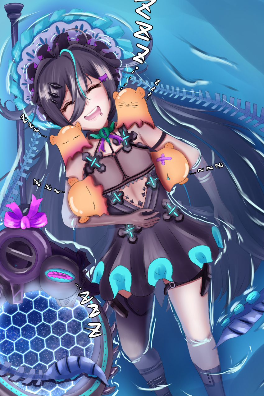1girl, absurdres, arm_strap, bare_shoulders, black_boots, black_dress, black_gloves, blue_eyes