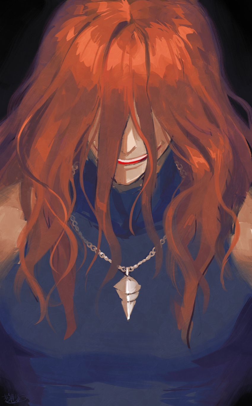 1boy, bare_shoulders, black_shirt, commentary_request, evil_smile, facing_viewer, fatal_fury, freeman_(snk), garou:_mark_of_the_wolves, grin, hair_over_eyes, highres, jewelry, long_hair, male_focus, necklace, red_hair, ryo_yo_shi, shirt, silver_necklace, sleeveless, sleeveless_turtleneck, smile, solo, teeth, turtleneck, upper_body