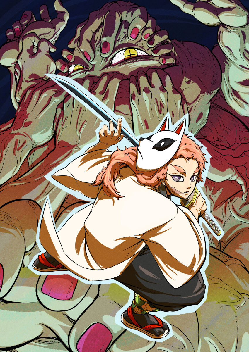 2boys, absurdres, demon, demon_slayer_uniform, extra_arms, fox_mask, hand_demon_(kimetsu_no_yaiba), highres, holding, holding_sword, holding_weapon, kakashino_kakato, kimetsu_no_yaiba, long_hair, mask, multiple_boys, orange_hair, sabito_(kimetsu), sandals, scar, scar_on_face, sword, weapon