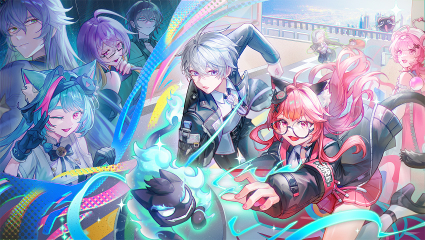 3boys, 5girls, ahoge, animal_ear_fluff, animal_ears, aqua_hair, baicang_(neverness_to_everness), black-framed_eyewear