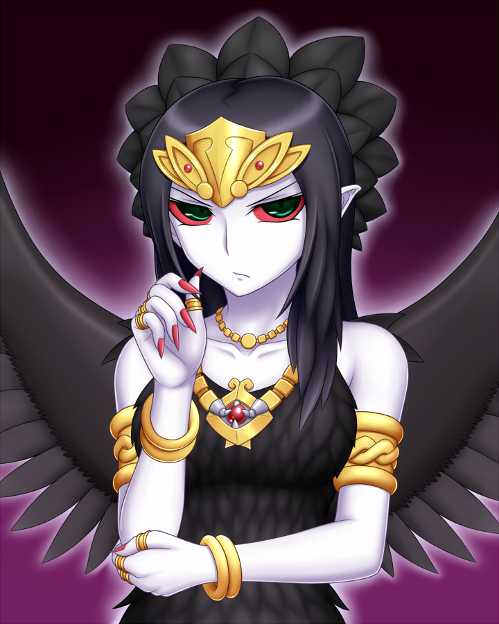 black_hair, black_wings, bracelet, dress, duel_monster, fabled_grimro, hair_ornament, jewelry