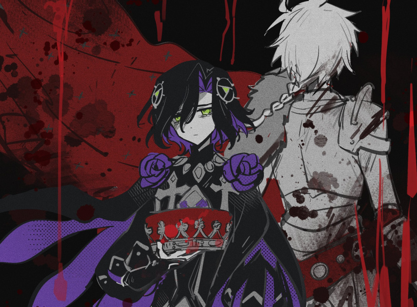 2boys, ahoge, armor, back-to-back, black_background, black_hair, blood, blood_on_clothes