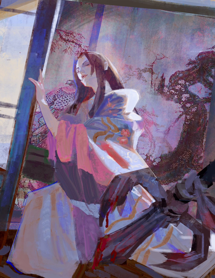 1girl, black_hair, blood, blood_on_weapon, dahnu, highres, japanese_clothes, jujutsu_kaisen