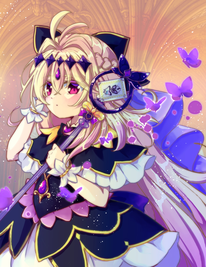 1girl, absurdres, antenna_hair, black_bow, black_dress, black_necktie, blonde_hair, bow