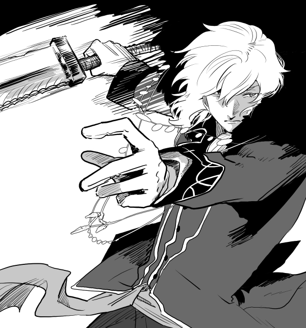 1boy, ascot, cleaver, coat, commentary_request, fighting_stance, floating_clothes, floating_hair