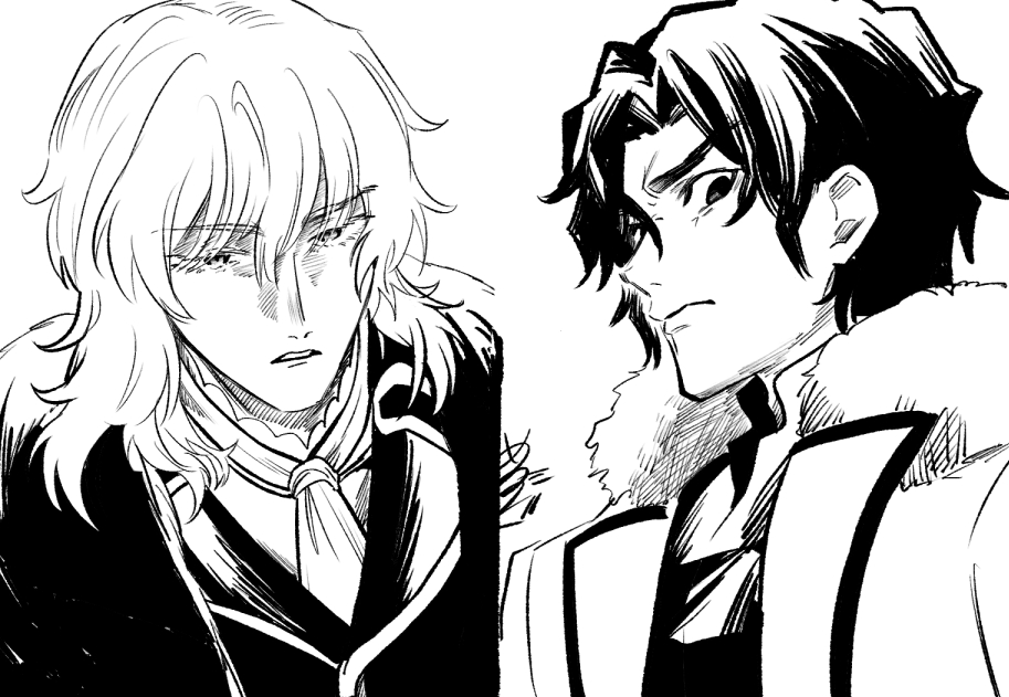 2boys, ascot, coat, commentary_request, formal_clothes, fur-trimmed_coat, fur_coat, fur_trim