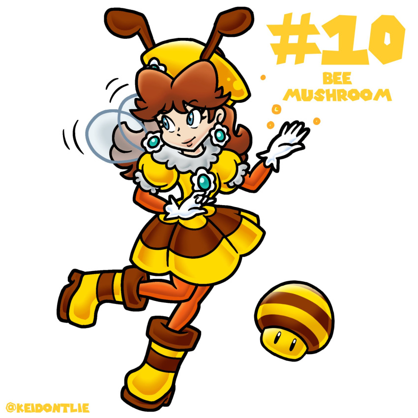 1girl, antennae, arthropod_girl, bee_costume, bee_girl, bee_mushroom, bee_wings, brown_hair