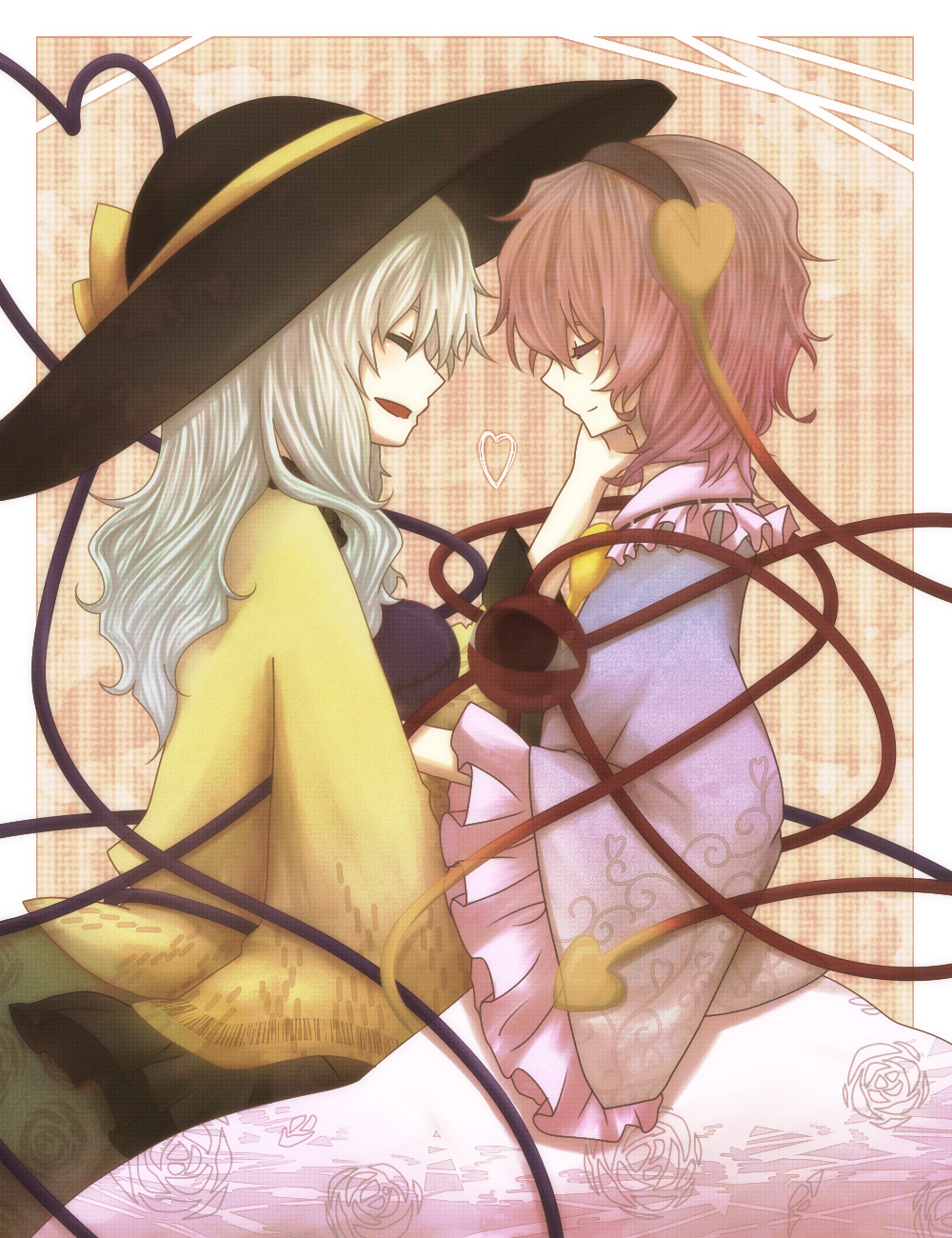 closed_eyes, eyeball, eyes_closed, hand_on_another's_cheek, hand_on_another's_face, hand_on_cheek, heart, highres, hotmilkice, ice_(aitsugai), komeiji_koishi, komeiji_satori, multiple_girls, pink_hair, profile, short_hair, siblings, silver_hair, sisters, skirt, smile, third_eye, touhou