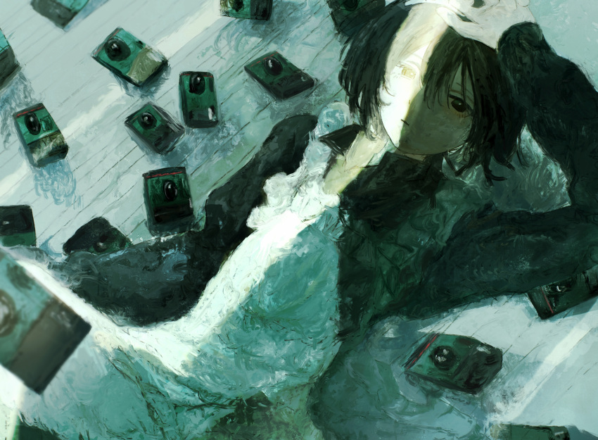 1girl, absurdres, black_eyes, black_hair, black_jacket, camera, closed_mouth, commentary_request
