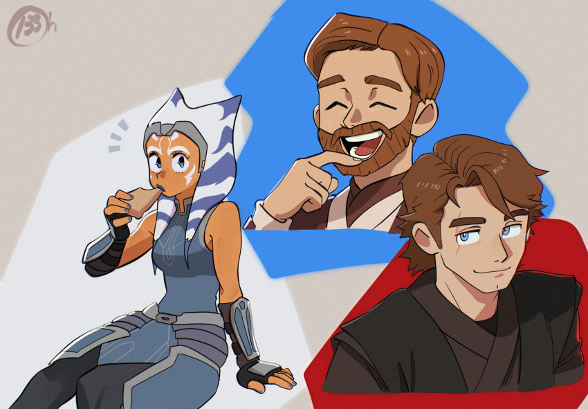 1girl, 2boys, ahsoka_tano, alien, anakin_skywalker, beard, blue_eyes, blue_shirt