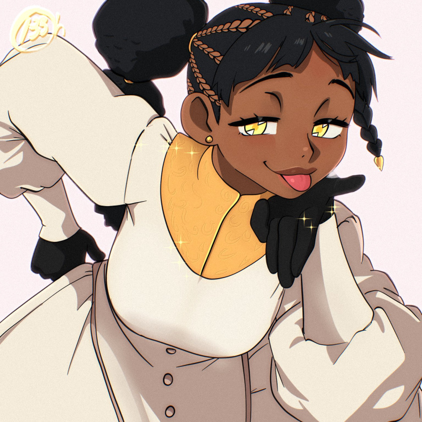 1girl, black_gloves, black_hair, braid, breasts, commentary, dark-skinned_female, dark_skin, desscaras, double_bun, dress, earrings, english_commentary, gloves, hair_bun, highres, jewelry, l33oh, long_hair, madan_no_ichi, signature, solo, tongue, tongue_out, twintails, white_dress, yellow_eyes