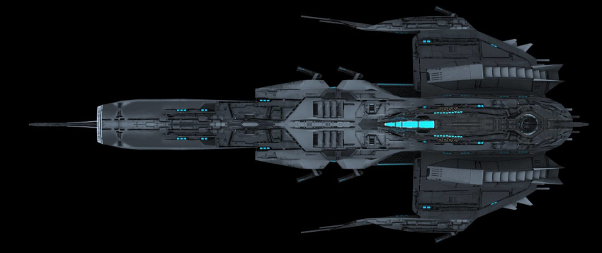 autodesk_3ds_max_(medium), black_background, cannon, commentary, concept_art, cruiser_(eve_online), dark_background, english_commentary, eve_online, from_above, glowing, highres, lobaud, no_humans, original, outer_ring_excavations_(eve_online), photoshop_(medium), realistic, science_fiction, simple_background, spacecraft, spacecraft_turret, talos_(eve_online), vehicle_focus