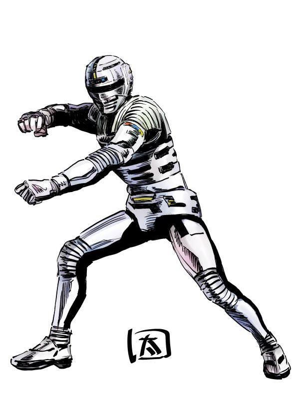 1boy, armor, clenched_hands, commentary, fighting_stance, full_armor, full_body, gavan