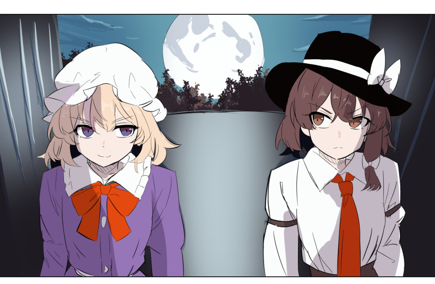 2girls, aya-daisuki218, black_hat, black_skirt, bow, bowtie, brown_eyes, brown_hair