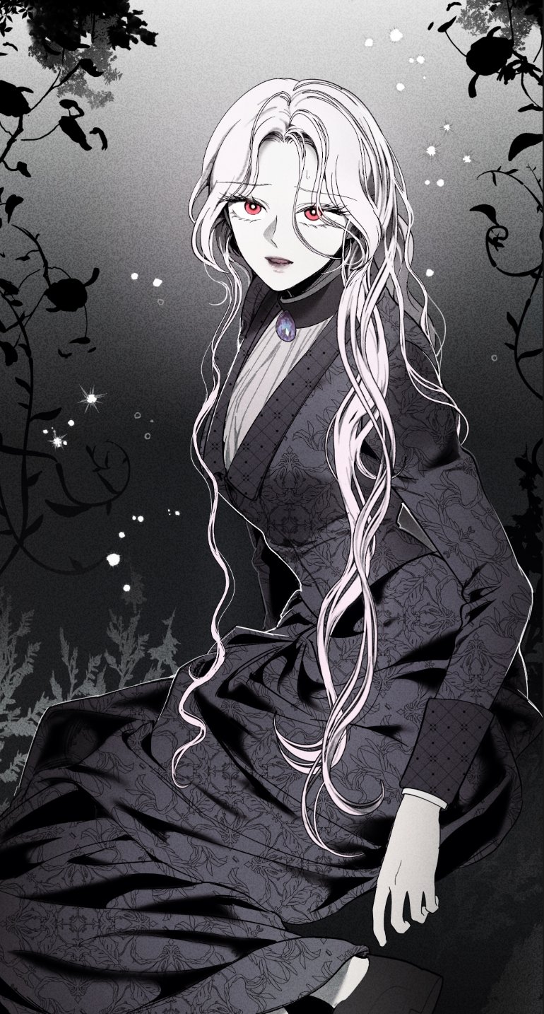 1girl, black_dress, commentary_request, dress, grey_lips, highres, isabella_(witch's_island), korean_commentary, leaf, long_hair, official_art, open_mouth, partially_colored, plant, ppotatornado, red_eyes, sitting, small_sweatdrop, solo, wavy_hair, witch's_island