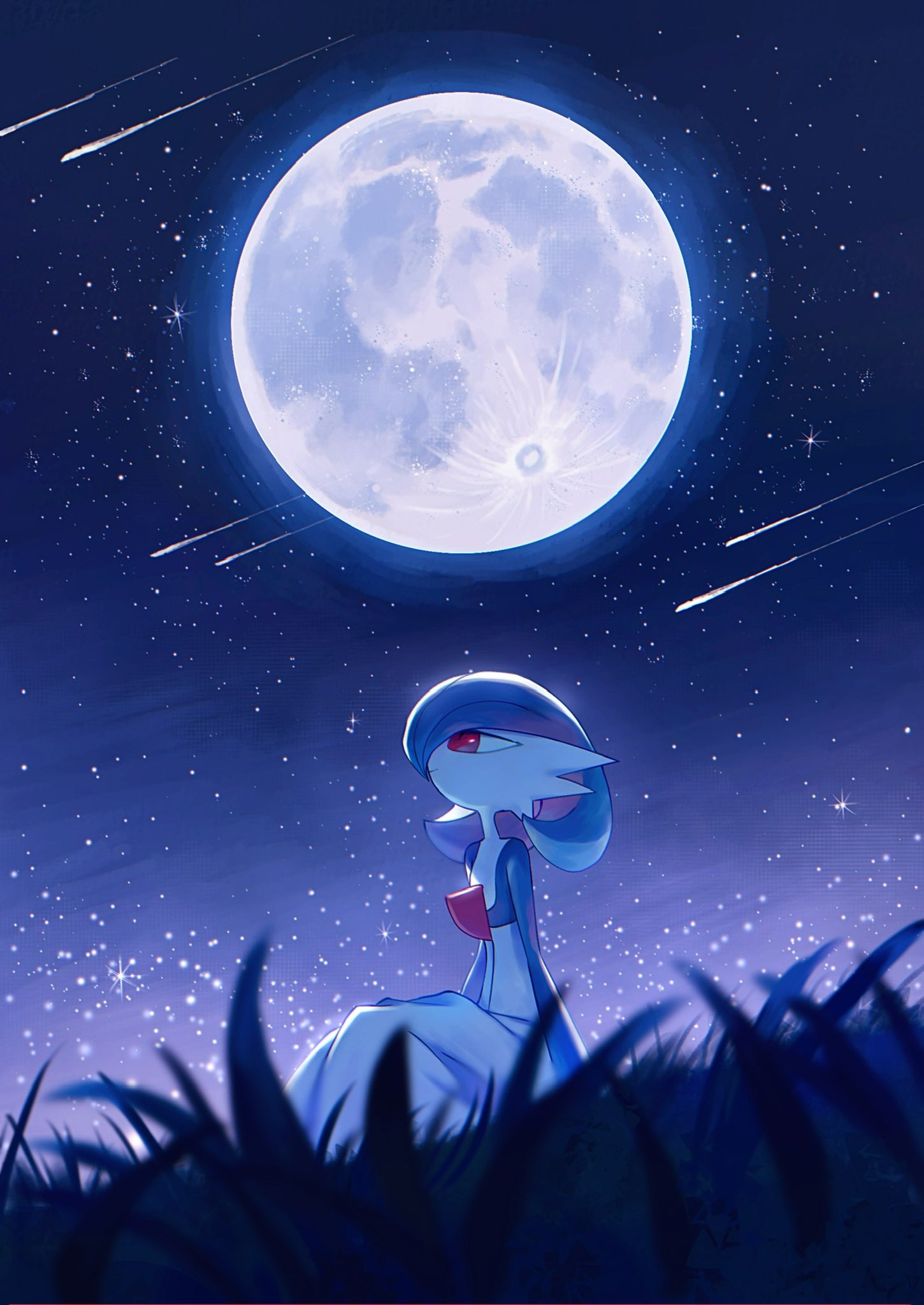 1other, alternate_color, blue_hair, bob_cut, closed_mouth, colored_skin, full_moon, gardevoir, highres, moon, night, outdoors, pokemon, pokemon_(creature), pokemon_focus, red_eyes, rongai28, shiny_pokemon, shooting_star, sitting, sky, smile, solo, star_(sky), starry_sky, white_skin