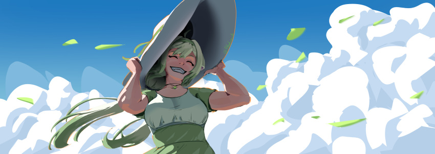 1girl, absurdres, ahoge, animal_ears, blue_sky, closed_eyes, clouds, dress, ferret_ears, ferret_girl, food, fruit, gradient_hair, green_dress, green_hair, green_hairband, hair_between_eyes, hairband, hat, highres, indie_virtual_youtuber, jewelry, lime_(fruit), lime_slice, limealicious, multicolored_hair, necklace, polyhazards, sky, smile, sun_hat, twintails, vinesauce, virtual_youtuber, white_hair