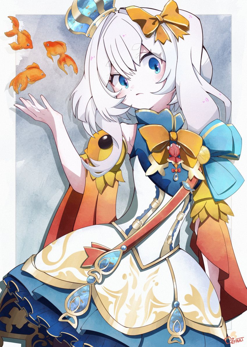 1girl, absurdres, blue_crown, blue_eyes, bow, bowtie, closed_mouth, commentary, crown, default_illust, dress, fins, fish, goldfish, grey_hair, hair_bow, highres, looking_at_viewer, marimari_(marimari_2.0)_(vtuber), marimari_(vtuber), mini_crown, orange_bow, orange_bowtie, phase_connect, short_eyebrows, side_ponytail, virtual_youtuber, white_dress