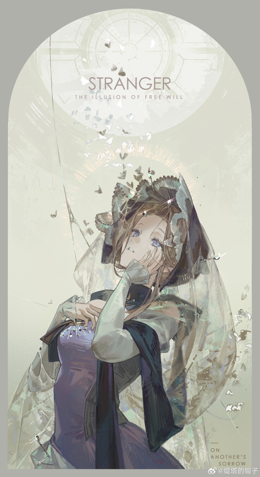1girl, absurdres, black_bonnet, bonnet, border, brown_hair, bug, chinese_commentary