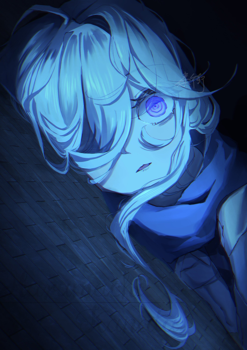 absurdres, aoba_kira, blue_hair, blue_scarf, brick_wall, darkness, harumachi_kanata, highres