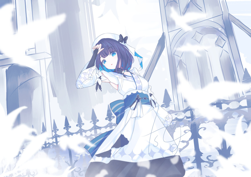 1girl, 7sdesu, absurdres, beret, bird, blue_hair, dress, fence
