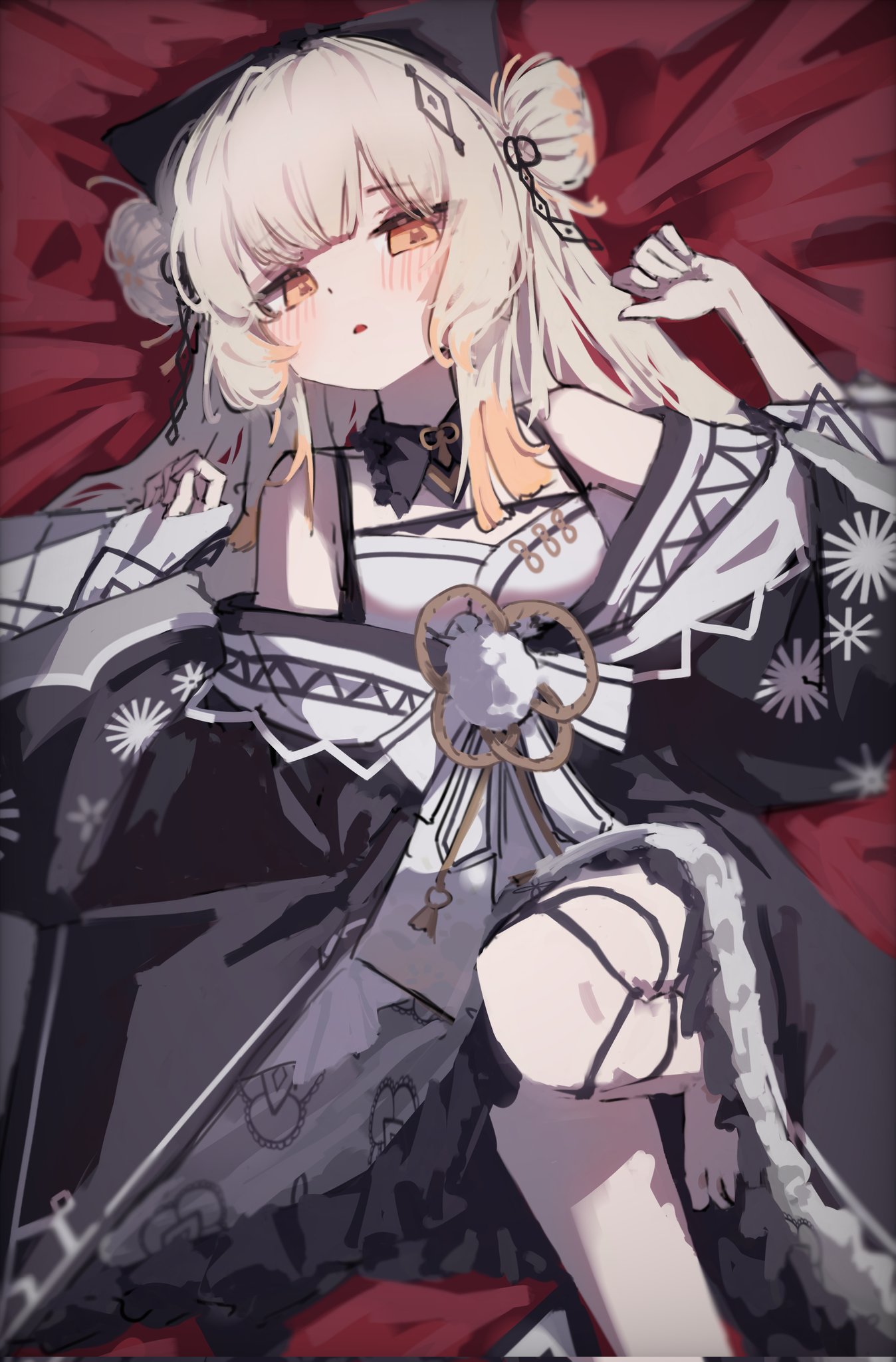 1girl, bed, blush, commentary, dress, floral_print, frilled_dress, frills, hair_ornament, highres, hime_cut, japanese_clothes, lolita_fashion, long_hair, lying, magical_girl, mahou_shoujo_no_inshuu_mura, orange_eyes, tollight, untranslatable_commentary, wa_lolita, watanuki_sakuya_(manomura), white_hair, wide_sleeves