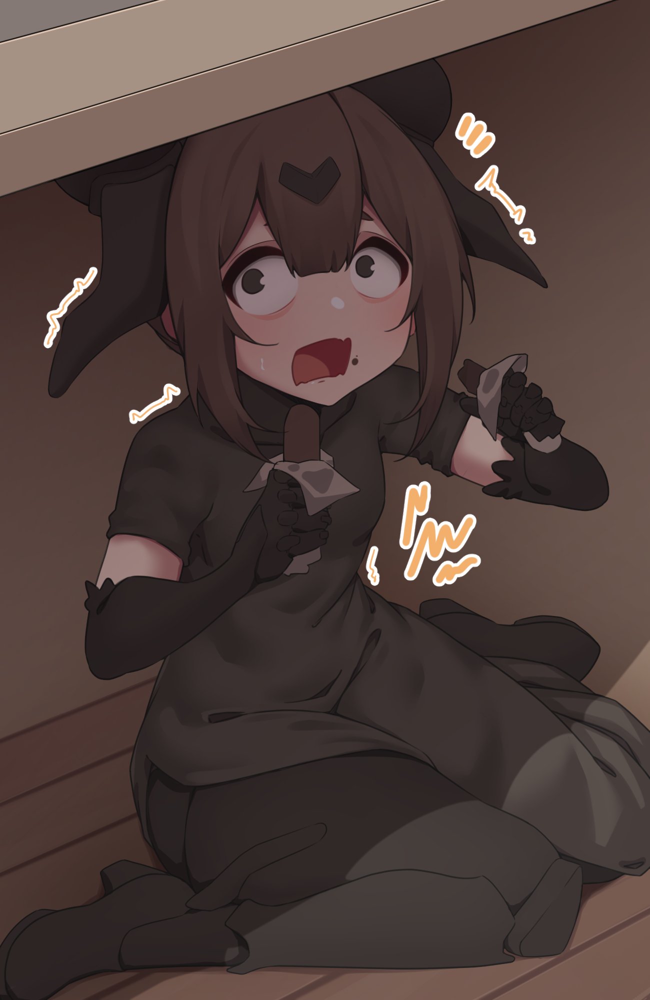 1girl, adachi_t_(xadachit), brown_hair, caught, chocolate, commentary, cyborg, english_commentary