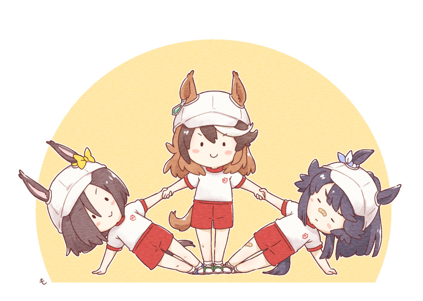 3girls, air_groove_(umamusume), animal_ears, bandaid, bandaid_on_leg, black_hair, brown_hair, closed_eyes