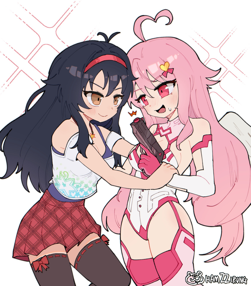 2girls, absurdres, ahoge, antenna_hair, black_hair, black_thighhighs, bodysuit, breasts