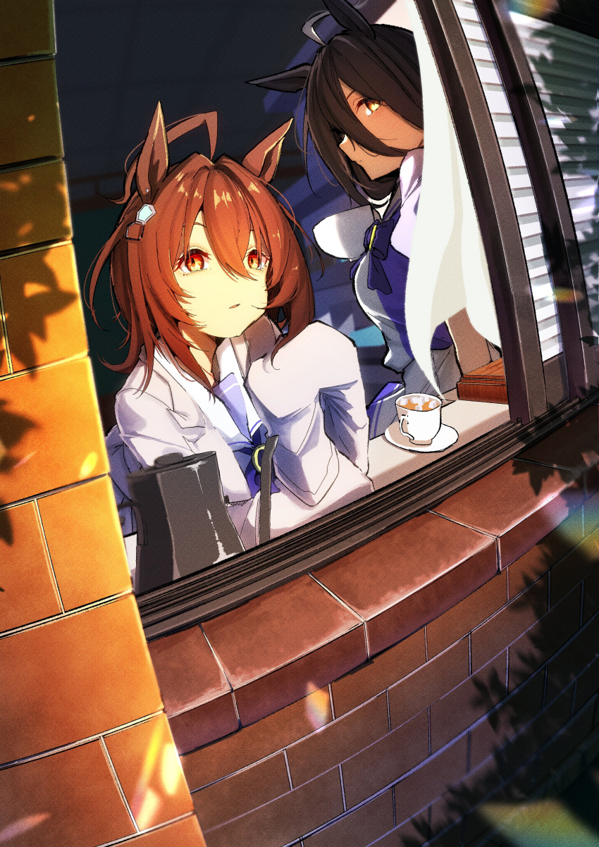 2girls, absurdres, agnes_tachyon_(umamusume), ahoge, animal_ears, black_hair, bow, bowtie, brown_hair, commentary_request, cup, earrings, gorioshi0802, hair_between_eyes, highres, holding, holding_cup, horse_ears, horse_girl, horseshoe_ornament, jewelry, kettle, lab_coat, long_hair, looking_ahead, looking_back, looking_outside, manhattan_cafe_(umamusume), multiple_girls, puffy_short_sleeves, puffy_sleeves, purple_bow, purple_bowtie, purple_shirt, red_eyes, sailor_collar, sailor_shirt, school_uniform, shirt, short_sleeves, single_earring, sleeves_past_fingers, sleeves_past_wrists, teacup, tracen_school_uniform, umamusume, yellow_eyes