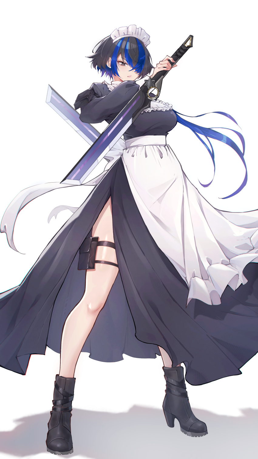 1girl, absurdres, alternate_costume, apron, black_dress, black_eyes, black_hair, black_shoes, blue_hair, closed_mouth, cloud_kira15, daffodil_(neverness_to_everness), dress, dual_wielding, hair_over_one_eye, high_heels, highres, holding, holding_sword, holding_weapon, long_hair, looking_at_viewer, maid, maid_apron, maid_headdress, multicolored_hair, neverness_to_everness, ponytail, shoes, solo, sword, thigh_strap, two-tone_hair, weapon, white_background