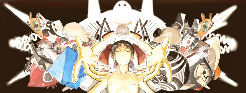 2boys, 7enn, absurdres, angel_(evangelion), brown_hair, closed_eyes, gaghiel_(evangelion), grey_hair