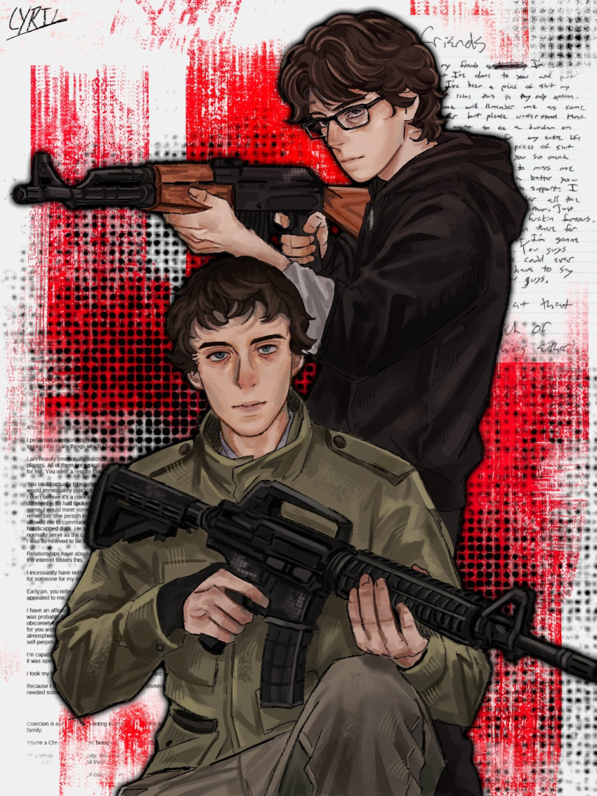2boys, adam_lanza, ar-15, artist_name, black-framed_eyewear, black_eyes, black_gloves, black_jacket