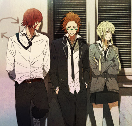 2boys, blonde_hair, boy, crossed_arms, female, front, fuuma_kotarou, grin, group, kasuga, leaning, male, necktie, orange_hair, redhead, sarutobi_sasuke, school_uniform, sengoku_basara, skirt, standing, sweater, twintails, uniform