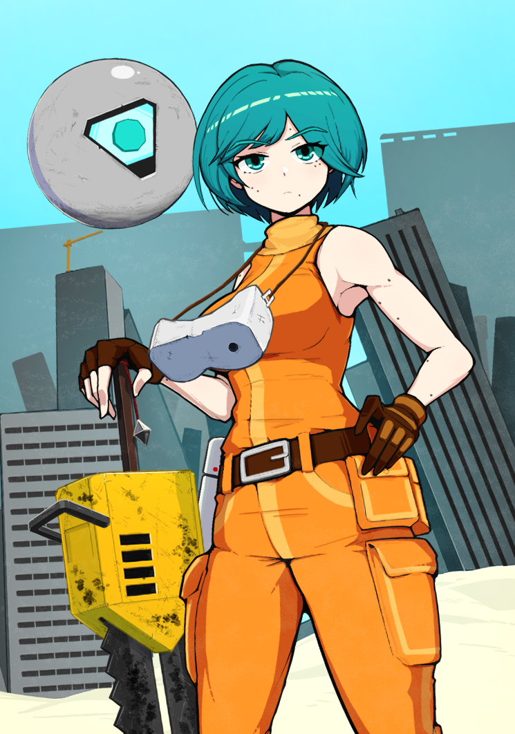 1girl, aqua_eyes, aqua_hair, armpits, bare_arms, belt, blue_sky, bob_cut