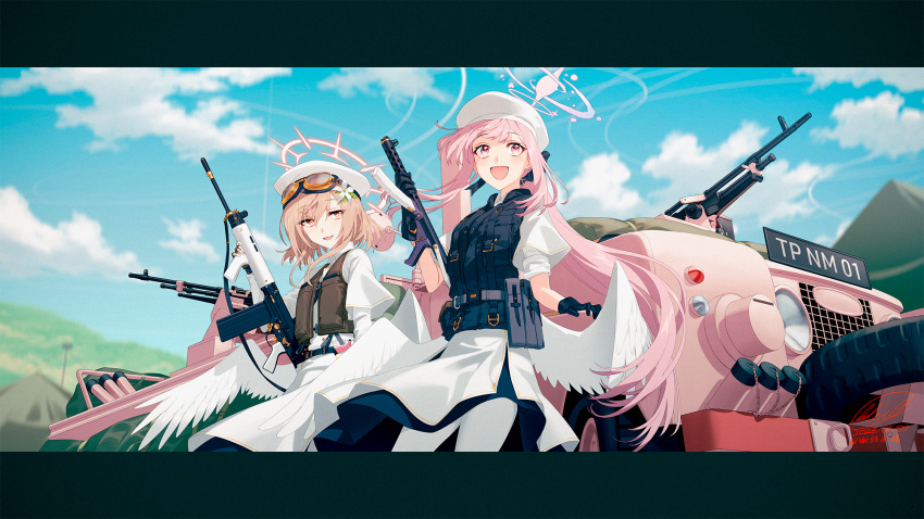 2girls, :d, assault_rifle, beret, black_gloves, blew_andwhite, blonde_hair, blue_archive