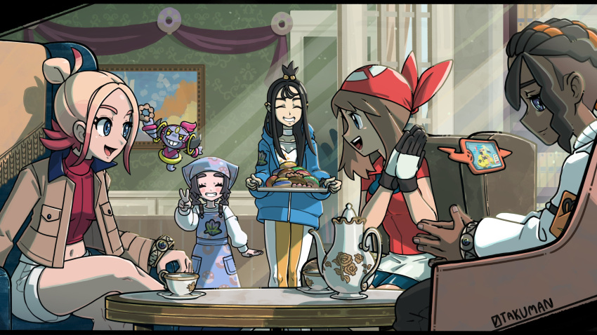 1boy, 1girl, 5girls, absurdres, ansha_(pokemon), bandana, bike_shorts, bike_shorts_under_shorts