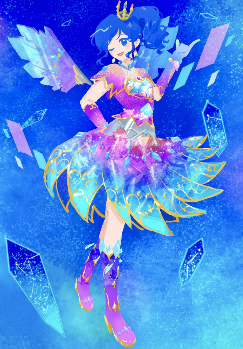 1girl, aikatsu!, aikatsu!_(series), blue_background, blue_eyes, blue_hair, boots, commentary