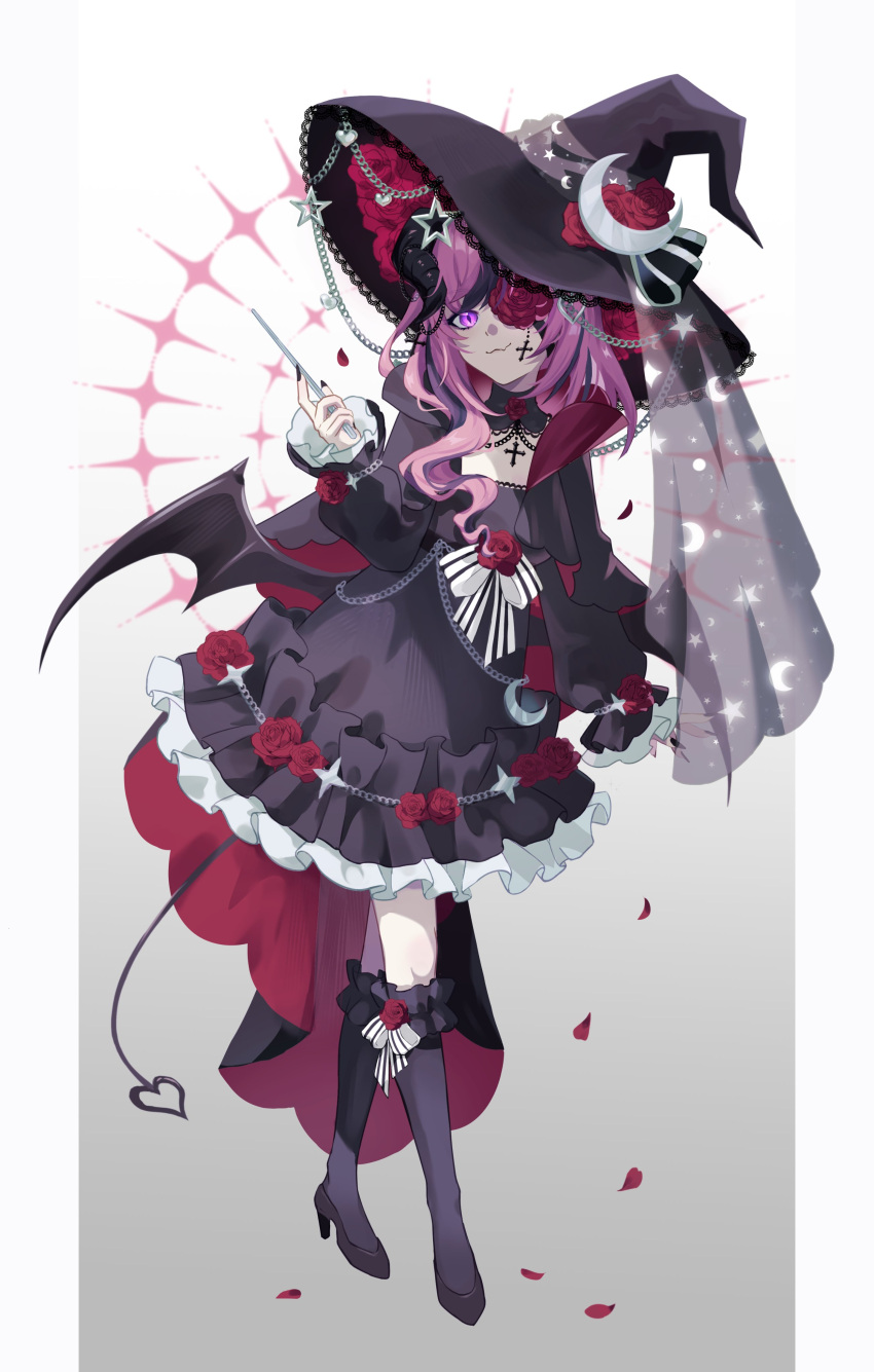 1girl, absurdres, black_dress, black_hat, black_horns, black_nails, closed_mouth, commentary