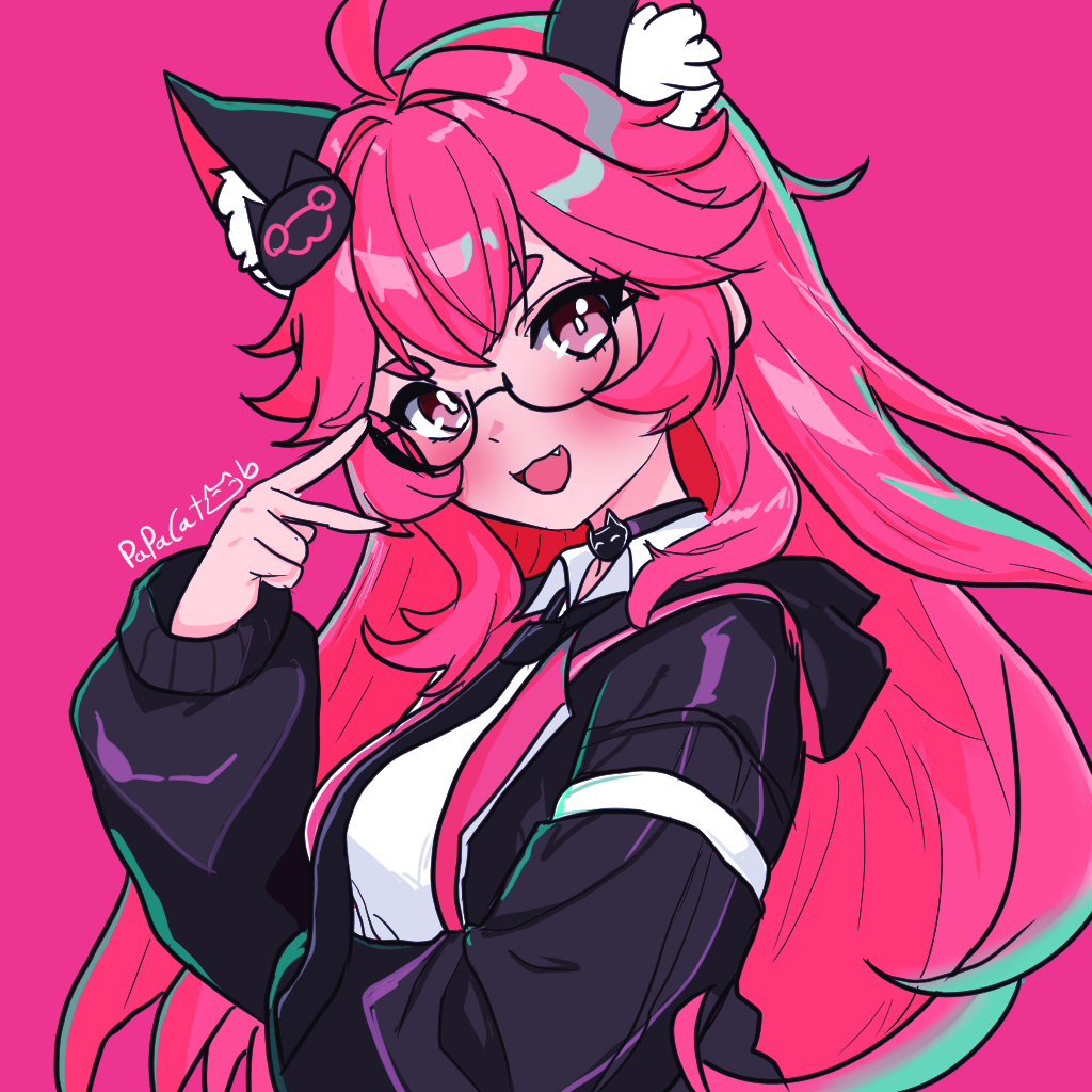 1girl, ahoge, animal_ear_fluff, animal_ears, black-framed_eyewear, black_choker, black_jacket, black_necktie