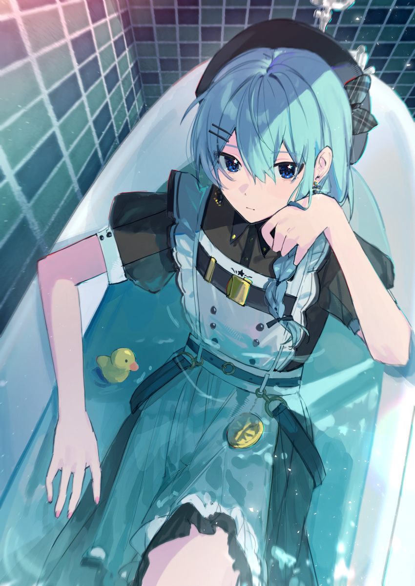 1girl, absurdres, apron, black_dress, black_hat, blue_eyes, blue_hair, braid