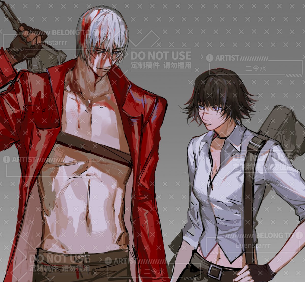 1boy, 1girl, belt_bra, coat, collared_shirt, commentary_request, dante_(devil_may_cry), devil_may_cry_(series)